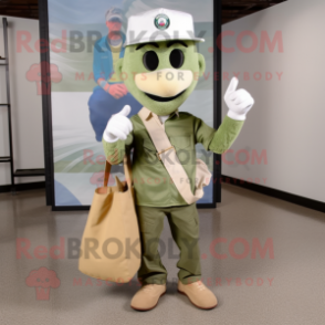 Cream Green Beret mascot costume character dressed with a Boyfriend Jeans and Tote bags