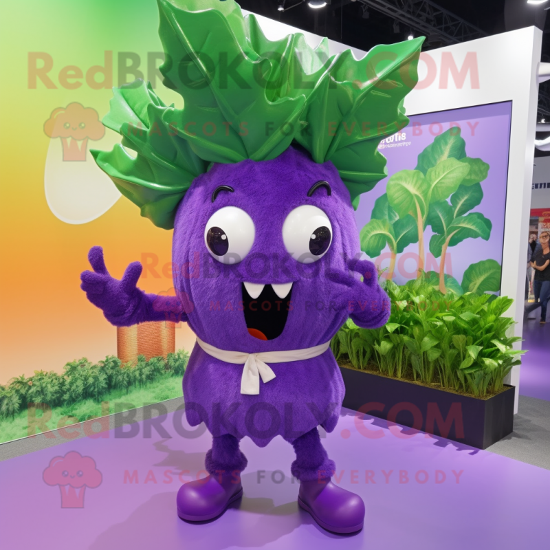 Purple Spinach mascot costume character dressed with a Bermuda Shorts and Hairpins