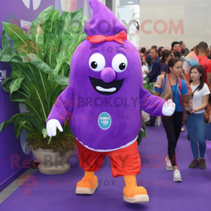 Purple Spinach mascot costume character dressed with a Bermuda Shorts and Hairpins