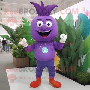 Purple Spinach mascot costume character dressed with a Bermuda Shorts and Hairpins