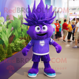 Purple Spinach mascot costume character dressed with a Bermuda Shorts and Hairpins