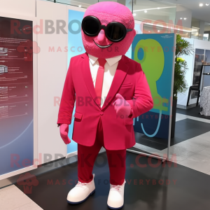 Red Pink mascot costume character dressed with a Suit Jacket and Sunglasses