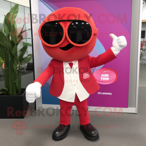 Red Pink mascot costume character dressed with a Suit Jacket and Sunglasses