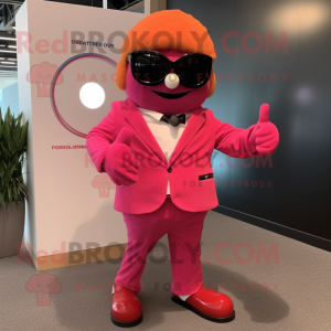 Red Pink mascot costume character dressed with a Suit Jacket and Sunglasses