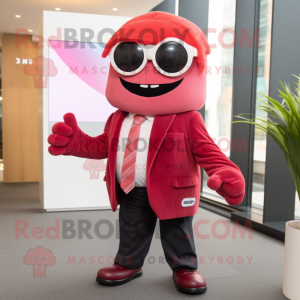 Red Pink mascot costume character dressed with a Suit Jacket and Sunglasses