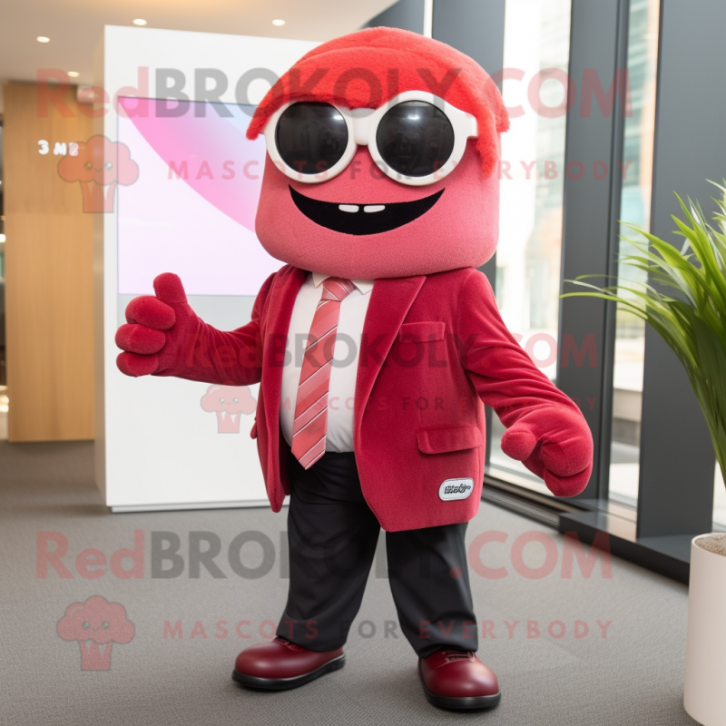 Red Pink mascot costume character dressed with a Suit Jacket and Sunglasses Red Pink mascot costume character dressed with a Suit Jacket and Sunglasses