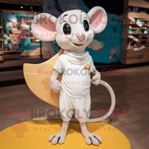 Cream Dormouse mascot costume character dressed with a Board Shorts and Shoe laces