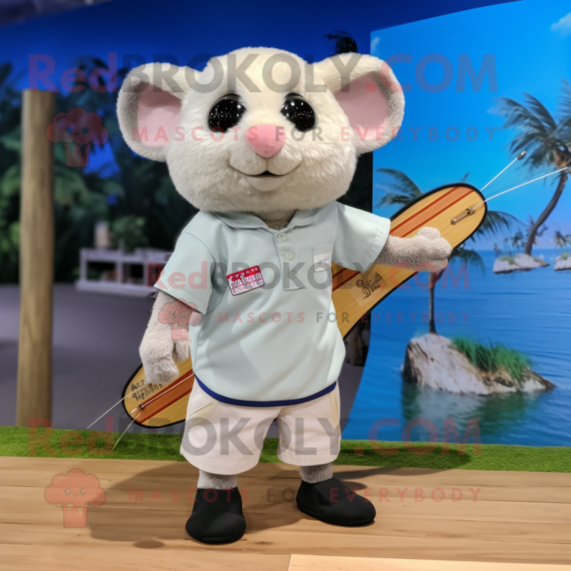 Cream Dormouse mascot costume character dressed with a Board Shorts and Shoe laces