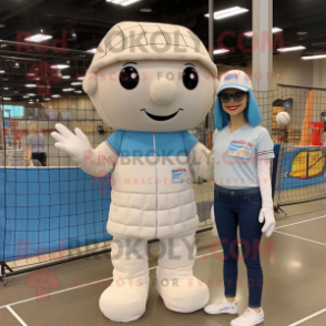 White Volleyball Net mascot costume character dressed with a Mom Jeans and Hats