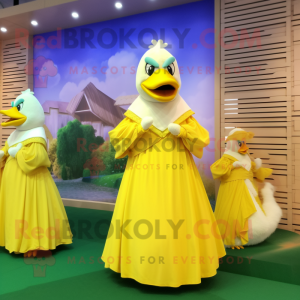 Lemon Yellow Swans mascot costume character dressed with a Ball Gown and Shawls