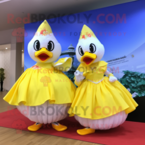 Lemon Yellow Swans mascot costume character dressed with a Ball Gown and Shawls