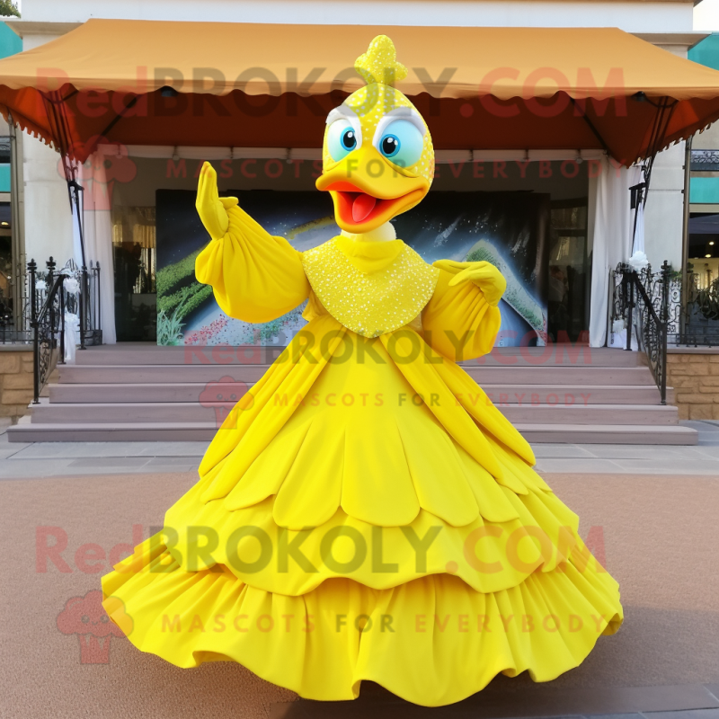 Lemon Yellow Swans mascot costume character dressed with a Ball Gown and Shawls