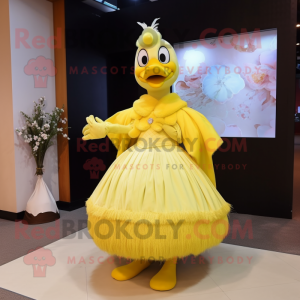 Lemon Yellow Swans mascot costume character dressed with a Ball Gown and Shawls
