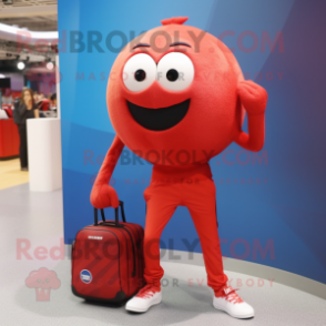 Red Volleyball Ball mascot costume character dressed with a Skinny Jeans and Briefcases