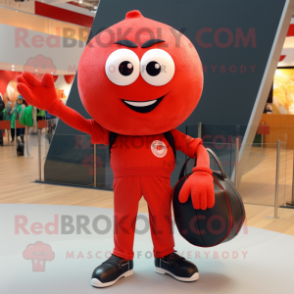 Red Volleyball Ball mascot costume character dressed with a Skinny Jeans and Briefcases