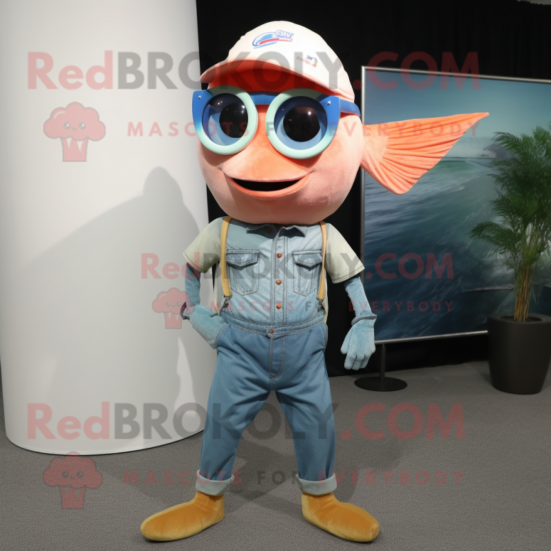 Peach Swordfish mascot costume character dressed with a Denim Shirt and Eyeglasses