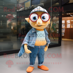 Peach Swordfish mascot costume character dressed with a Denim Shirt and Eyeglasses