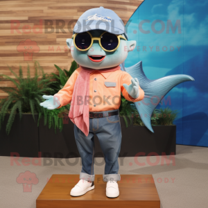 Peach Swordfish mascot costume character dressed with a Denim Shirt and Eyeglasses