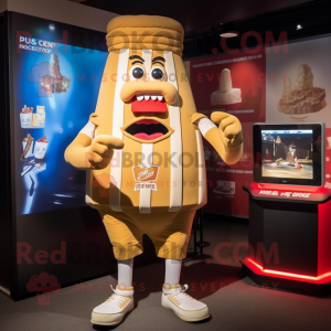 Beige French Fries mascot costume character dressed with a Rugby Shirt and Digital watches