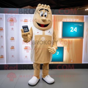 Beige French Fries mascot costume character dressed with a Rugby Shirt and Digital watches