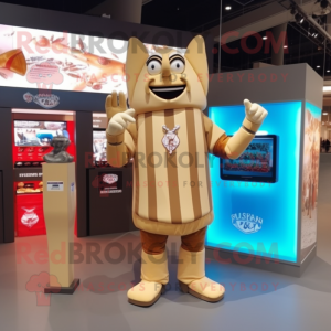 Beige French Fries mascot costume character dressed with a Rugby Shirt and Digital watches