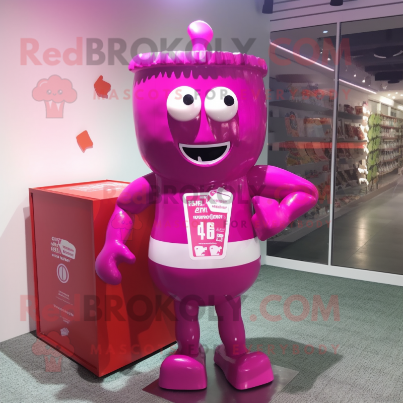 Magenta Candy Box mascot costume character dressed with a Bikini and Belts Magenta Candy Box mascot costume character dressed with a Bikini and Belts