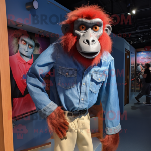 Red Baboon mascot costume character dressed with a Denim Shirt and Tie pins
