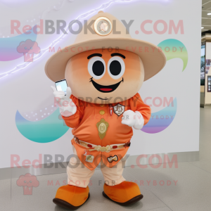 Peach Cowboy mascot costume character dressed with a Cover-up and Digital watches