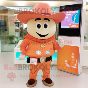 Peach Cowboy mascot costume character dressed with a Cover-up and Digital watches