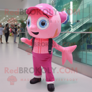 Pink Cod mascot costume character dressed with a Skinny Jeans and Cummerbunds