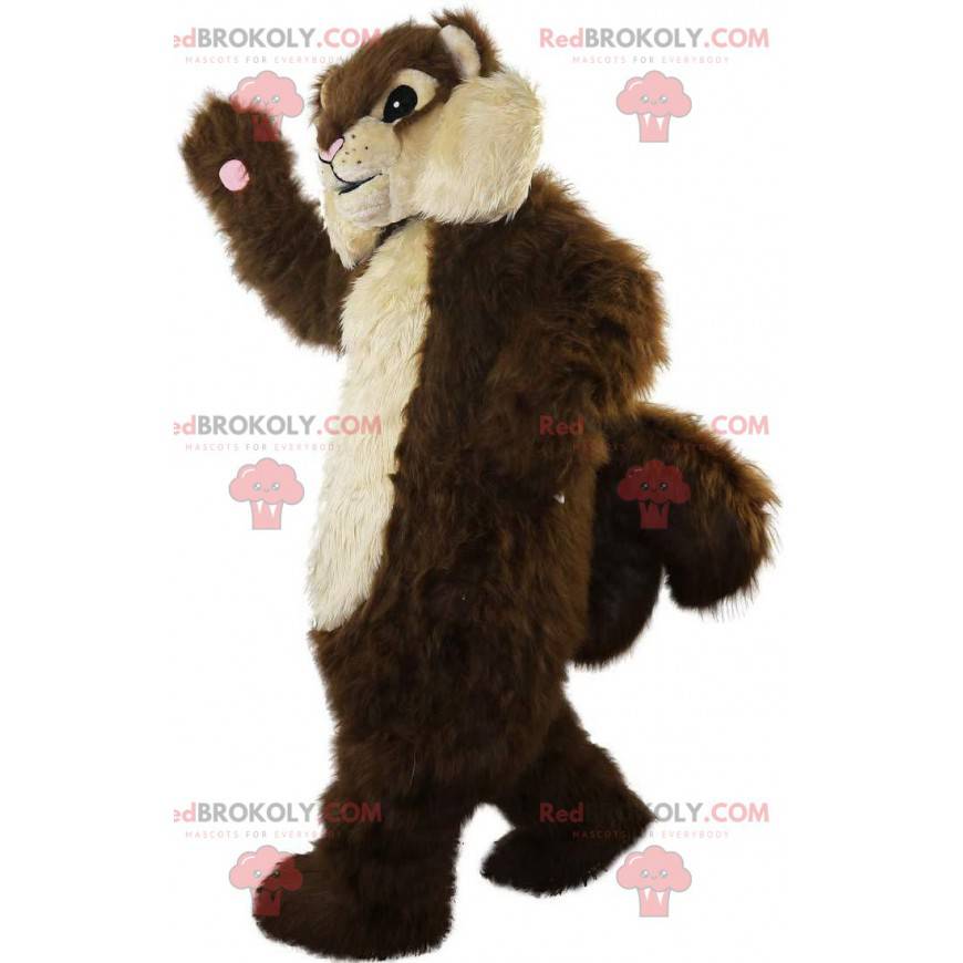Mascote esquilo marrom e bege, todo peludo e gordinho -