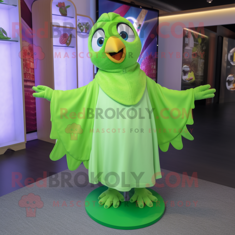 Lime Green Dove mascot costume character dressed with a Skirt and Shawls