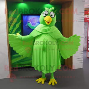 Lime Green Dove mascot costume character dressed with a Skirt and Shawls