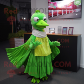 Lime Green Dove mascot costume character dressed with a Skirt and Shawls