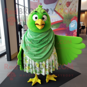 Lime Green Dove mascot costume character dressed with a Skirt and Shawls