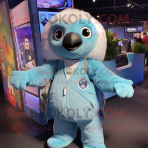 Sky Blue Sloth mascot costume character dressed with a Jumpsuit and Anklets