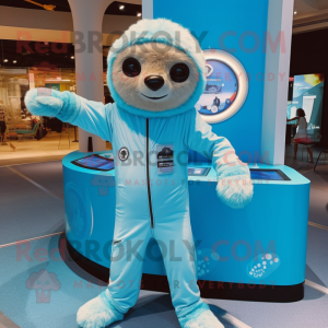 Sky Blue Sloth mascot costume character dressed with a Jumpsuit and Anklets