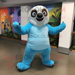 Sky Blue Sloth mascot costume character dressed with a Jumpsuit and Anklets