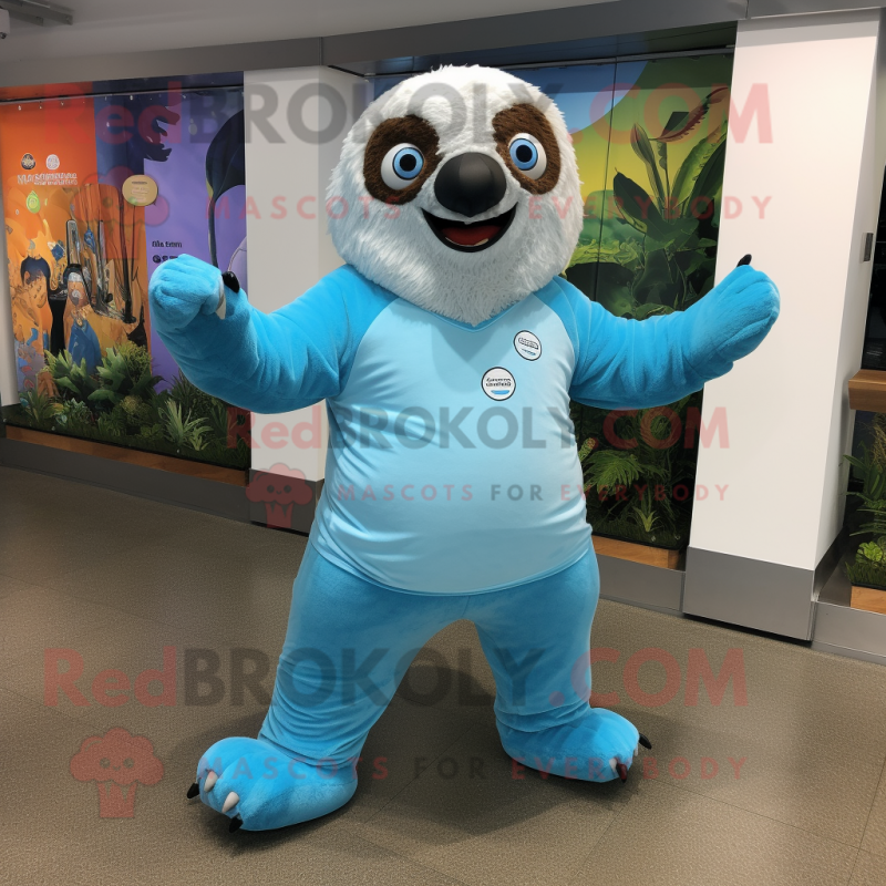 Sky Blue Sloth mascot costume character dressed with a Jumpsuit and Anklets
