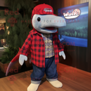 Red Humpback Whale mascot costume character dressed with a Flannel Shirt and Caps