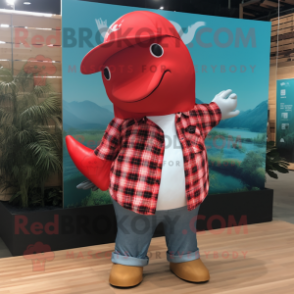 Red Humpback Whale mascot costume character dressed with a Flannel Shirt and Caps