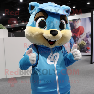 Sky Blue Chipmunk mascot costume character dressed with a Polo Shirt and Gloves