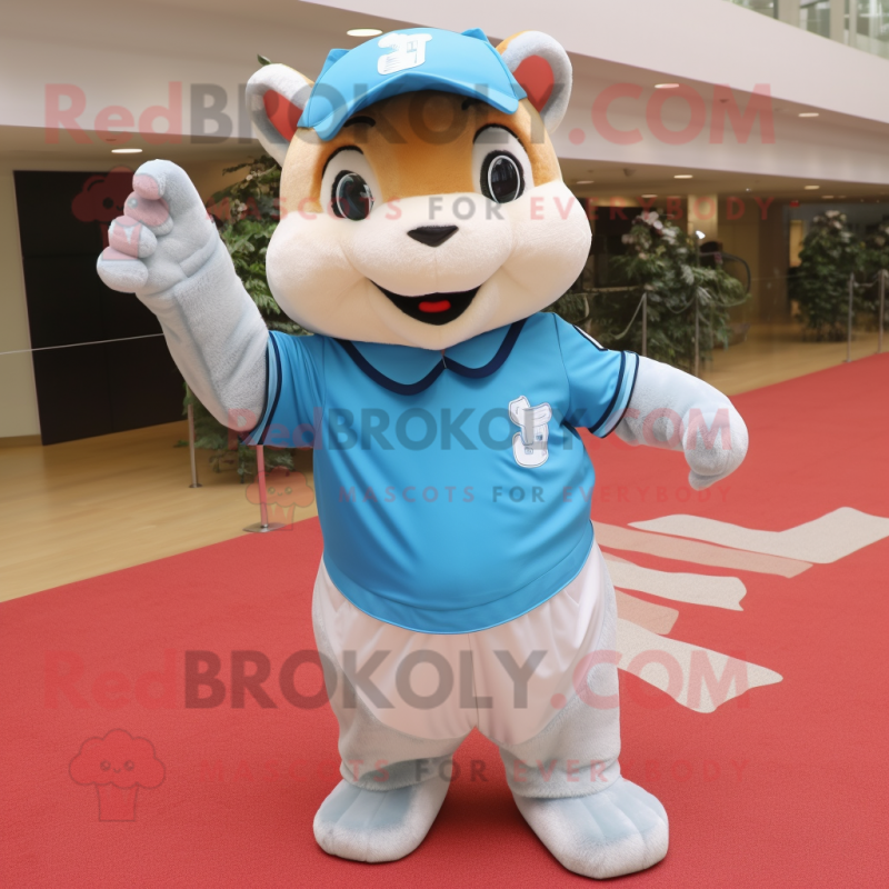 Sky Blue Chipmunk mascot costume character dressed with a Polo Shirt and Gloves Sky Blue Chipmunk mascot costume character dressed with a Polo Shirt and Gloves