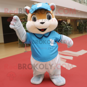 Sky Blue Chipmunk mascot costume character dressed with a Polo Shirt and Gloves