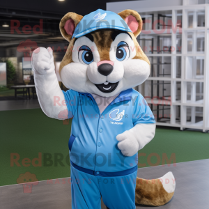 Sky Blue Chipmunk mascot costume character dressed with a Polo Shirt and Gloves