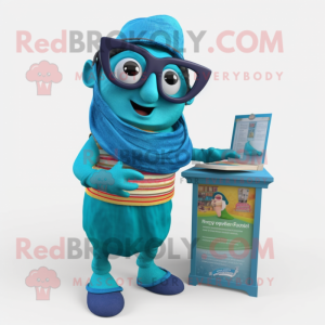 Cyan Fajitas mascot costume character dressed with a Cardigan and Reading glasses