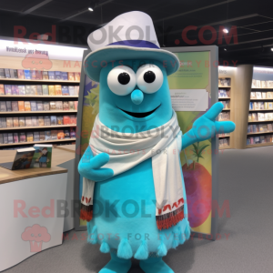 Cyan Fajitas mascot costume character dressed with a Cardigan and Reading glasses