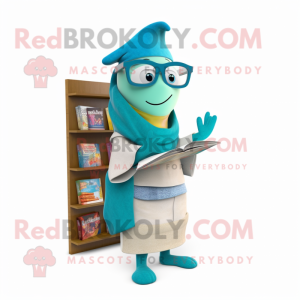Cyan Fajitas mascot costume character dressed with a Cardigan and Reading glasses