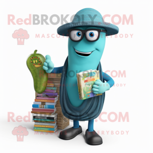 Cyan Fajitas mascot costume character dressed with a Cardigan and Reading glasses