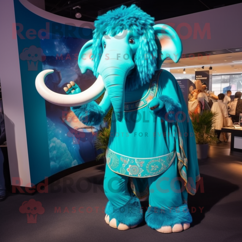 Turquoise Mammoth mascot costume character dressed with a Pencil Skirt and Anklets